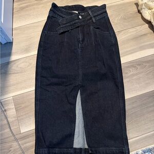 Anthro Dark Blue Indigo Denim Midi Skirt with Belt